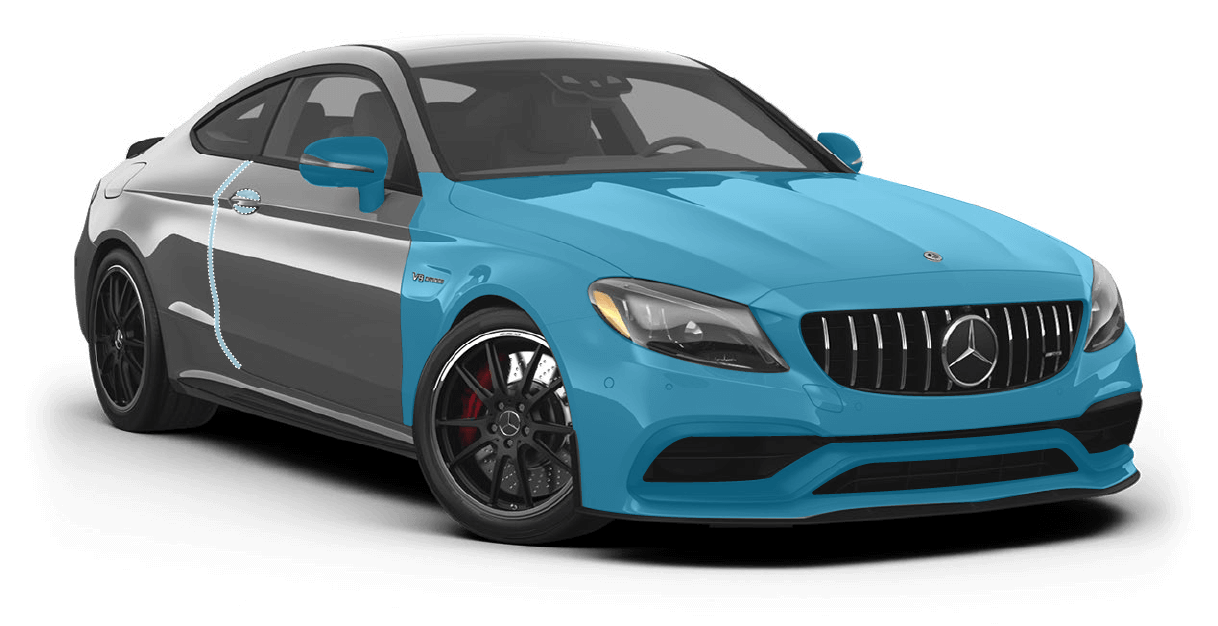 XPEL PPF full front coverage diagram -- hood, fenders, bumper, headlights